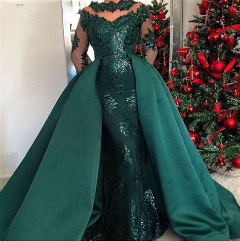 Emerald Green Long Sleeves Mermaid Evening Dress With Detachable Skirt