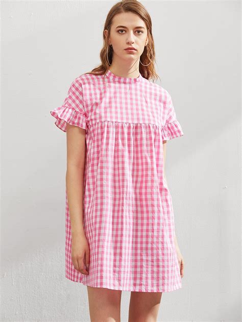 pink frill short sleeve checkered keyhole tie back dress in 2020 fashion summer dresses