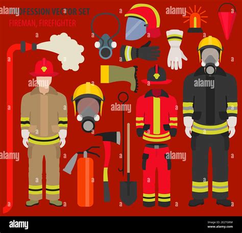 Profession And Occupation Set Fireman Equipment Firefighter Service