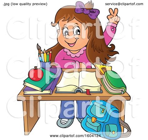 clipart of a caucasian school girl raising her hand at her desk royalty free vector