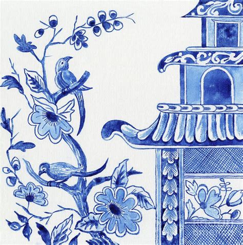 Chinoiserie Blue And White Birds In Flowering Tree And Pagoda By Audrey