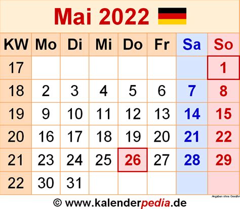 Kalender Mai 2022 Als Pdf Vorlagen