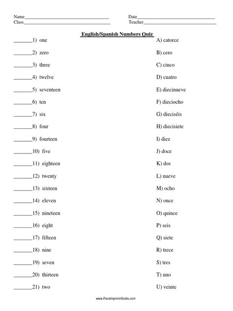Englishspanish Numbers Quiz Pdf