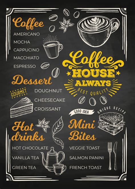 The Coffee House Menu Is Drawn On A Chalkboard With Different Types Of