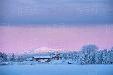 Sunrise On Frozen Torassieppi Lake Lapland Finland Europe Stock