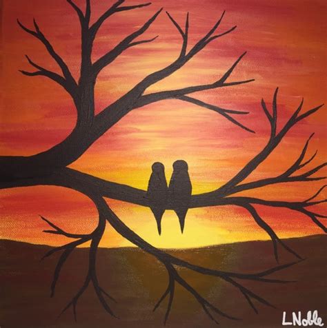 Acrylic Painting Lovebirds In The Sunset Birds On A Branch