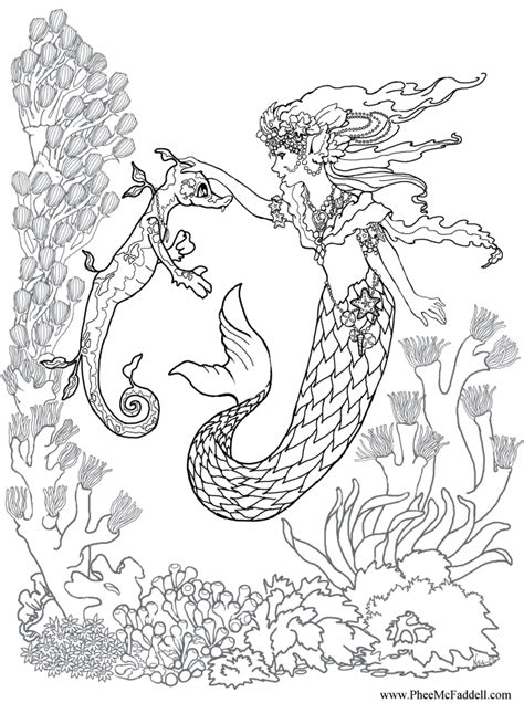 Another detailed free mermaid coloring page features a mermaid. Mermaid Training a Sea Dragon Coloring Page www ...