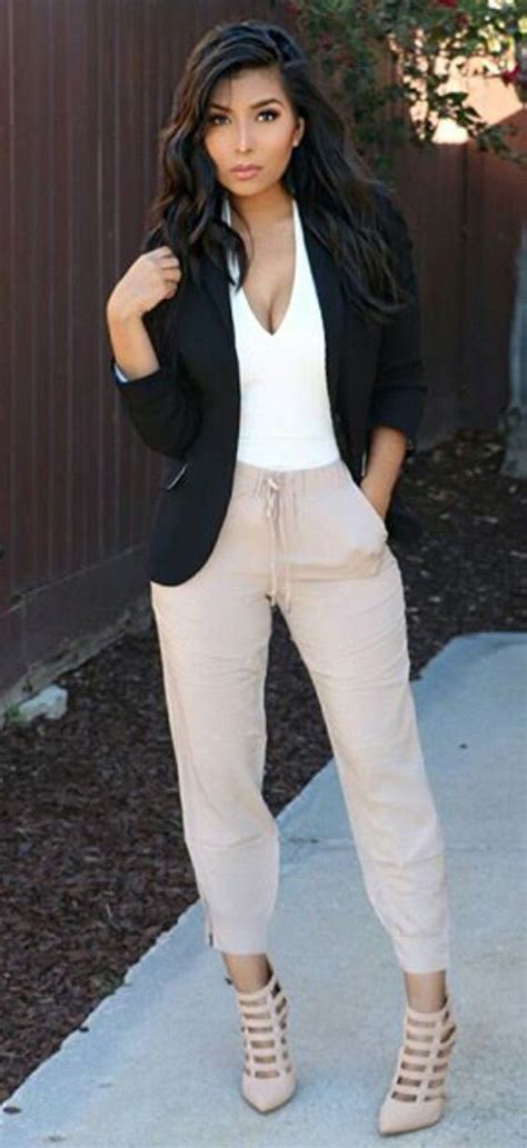 Casual Chic Nude Pants With White Top And A Black Jacket Good