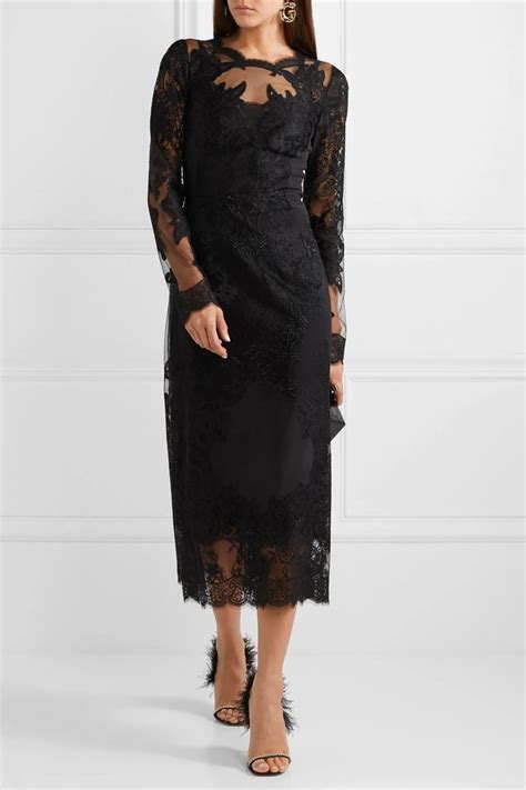 Black Embroidered Lace And Crepe De Chine Midi Dress Dolce And Gabbana