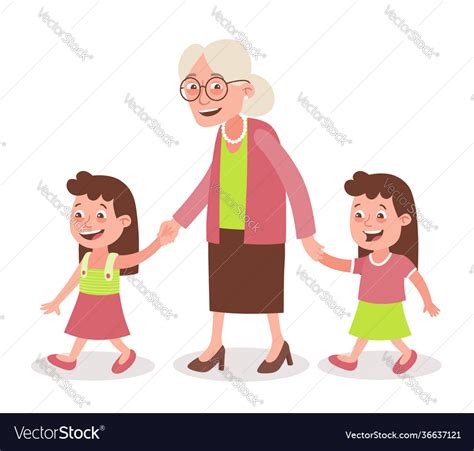 Grandmother And Granddaughter Twins Walking Vector Image