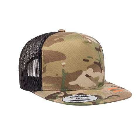 Flat Brim Trucker Hat In Camo Colors For Embroidery Or Screen Print At