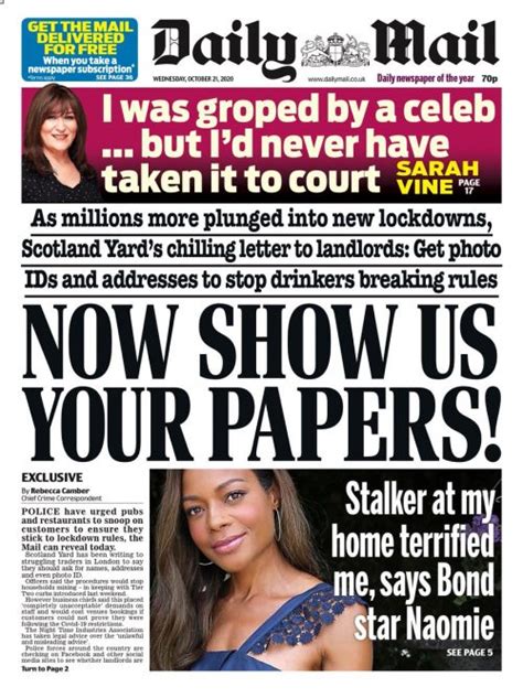 daily mail front page 21st of october 2020 tomorrow s papers today