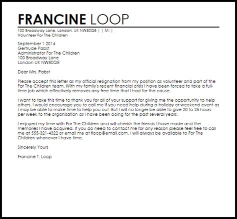 Sample cover letter for volunteer position. Volunteer Resignation Letter | Resignation Letters ...