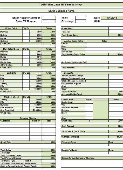 Cash Till Balance Sheet ~ Excel Templates