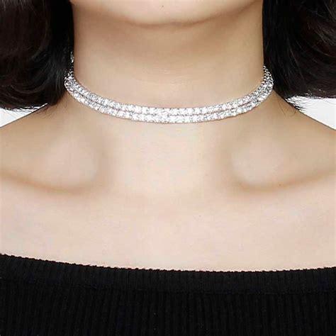 Doreen Box Hot Choker Necklace Silver Color Elastic 2 Rows Clear Rhinestone Lobster Clasp 14 6