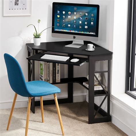 Vecelo Corner Computer Desk With Keyboard Tray And Storage Shelf