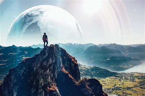 Man Standing On Top Of Mountain Landscape Planet Men Fantasy Art Hd