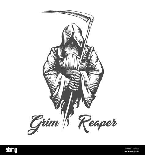 Engraving Monochrome Tattoo Of Grim Reaper Death With Scythe Isolated