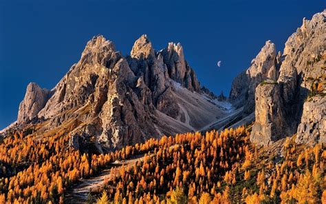 Nature Landscape Moon Blue Sky Mountain Forest Fall Dolomites Mountains