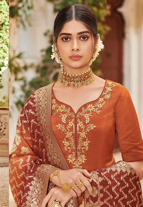 Orange Elegant Silk Embroidered Palazzo Style Pakistani Suit 704