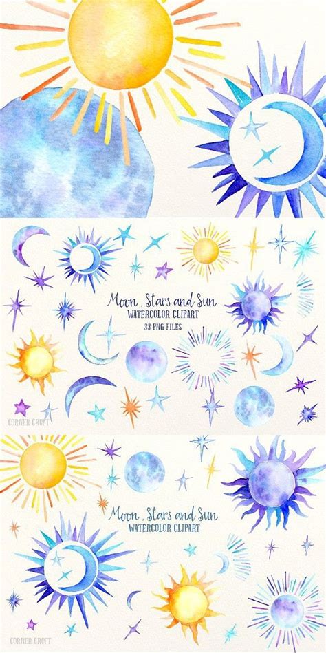 Watercolor Sun Moon And Stars