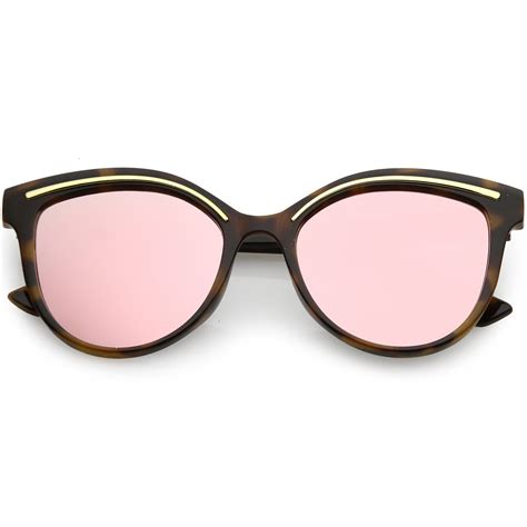 Modern Cat Eye Sunglasses Metal Brow Detail Round Colored Mirror Flat