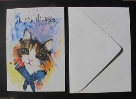 Handmade Calico Cat Happy Birthday Greeting Card Watercolor Etsy