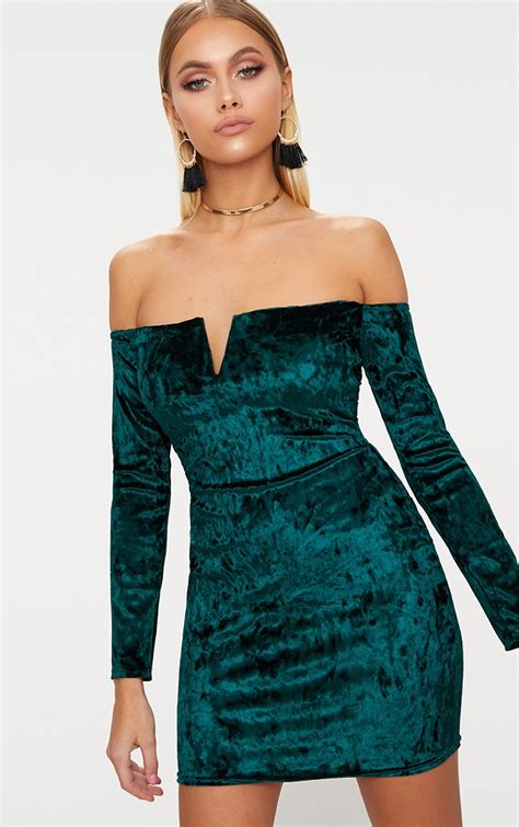 Emerald Green Velvet V Bar Bardot Bodycon Dress Prettylittlething