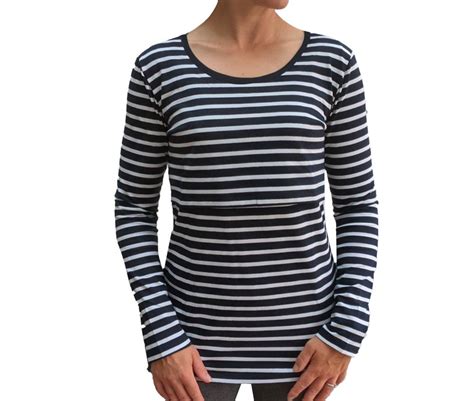 Long Sleeved Breastfeeding Top Navy With White Stripe
