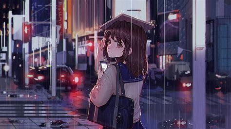 1366x768px Free Download Hd Wallpaper Anime Girls Rain Brunette City Urban Wallpaper