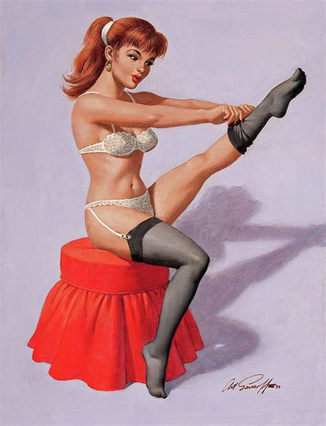 Pin Up Redhead Girl In Black Stockings Painting By Long Shot