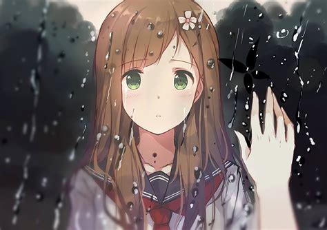Download 1600x900 Anime Girl Brown Hair Reflection Water Drops