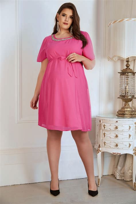 Bump It Up Maternity Pink Chiffon Dress With Jewel Embellished Neckline
