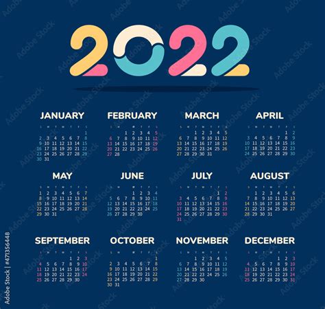 Vector Calendar 2022 Year Week Starts From Sunday Stock Vector Adobe