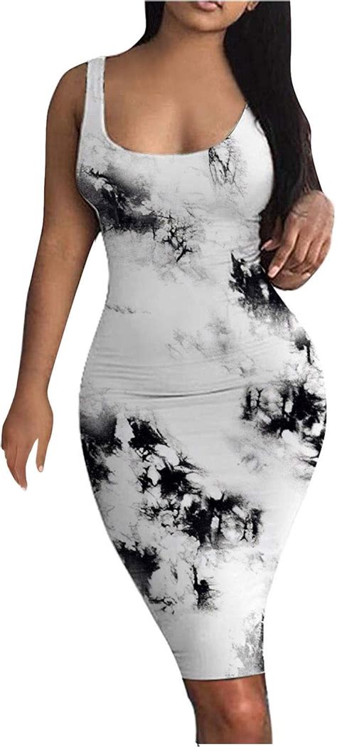 Womens Sexy Bodycon Tank Dress Slim Fit Print Tight Summer Dress Sleeveless Basic Midi Club