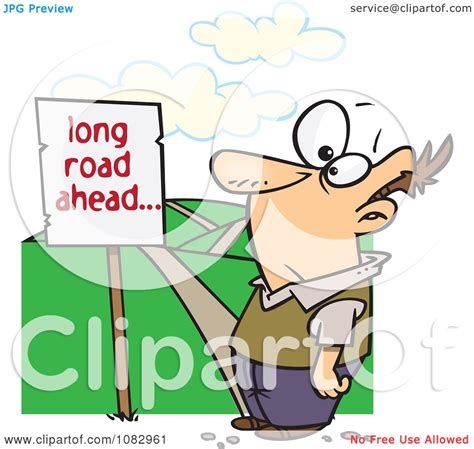 Clipart Man Facing A Long Road Ahead Sign And A Hilly Path