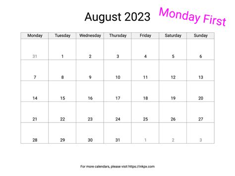 Printable Blank August 2023 Calendar Monday First · Inkpx
