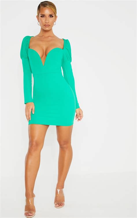 Green Puff Shoulder Deep Plunge Dress Prettylittlething Ca