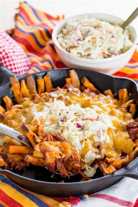 Bbq Pulled Pork Loaded Sweet Potato Fries Topped With Shredded Pork