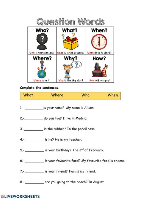 wh questions interactive worksheet wh questions question words wh question worksheet