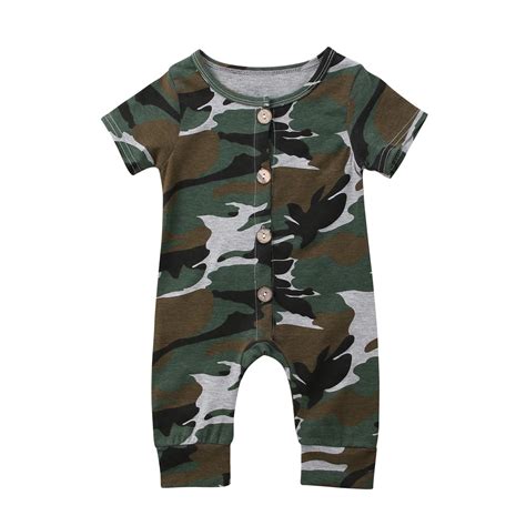 Summer Newborn Baby Boy Short Sleeve Cotton Rompers Camouflage Buttons