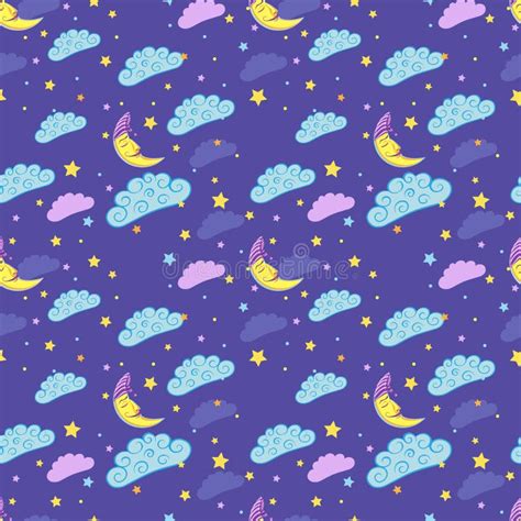 Seamless Pattern With Cute Sleeping Moon Stars And Clouds Stock