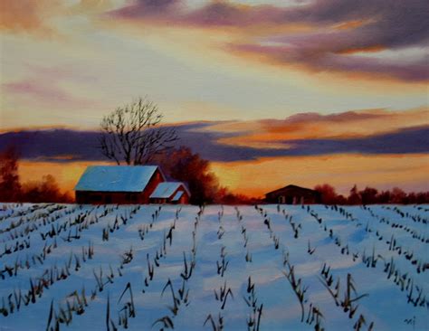 Nels Everyday Painting Winter Sunset Corn Field Sold