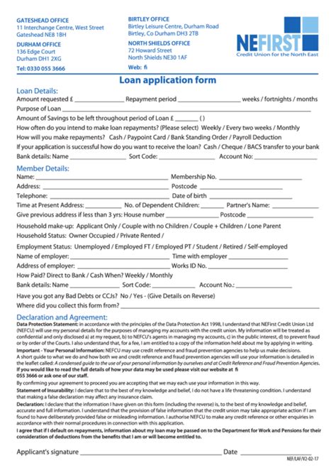 Loan Application Form V2 02 17 Ne First Credit Union Printable Pdf