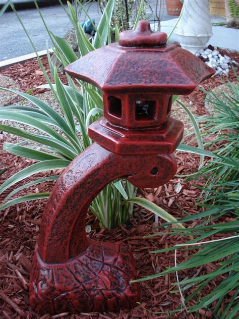 No wiring, quick and easy to install. PAGODA ORIENTAL STONE CONCRETE LANTERN STATUE RED garden ...