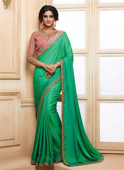 Green Two Tone Double Shaded Faux Satin Saree Saree Designs Party Wear Sarees Party Wear