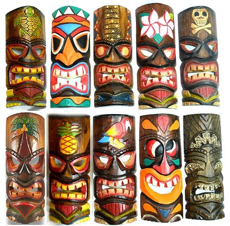 Set Of 10 Hand Carved Polynesian Hawaiian Tiki Style Masks