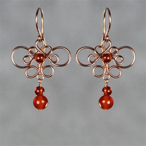 Chandelier Earrings Carnelian Stones Copper Jewelry Personalized