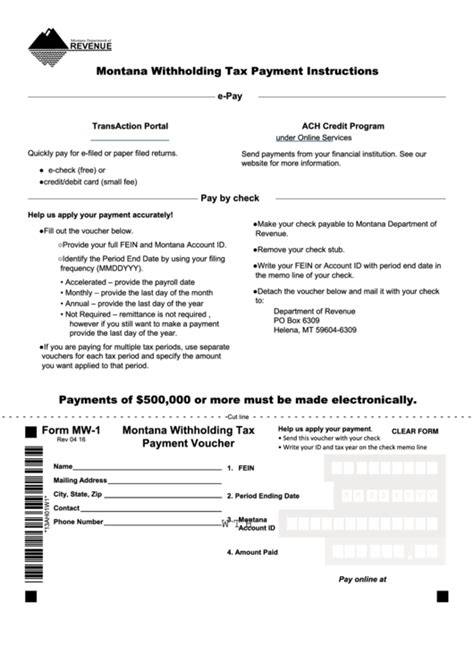 Fillable Form Mw 1 Montana Withholding Tax Payment Voucher Printable