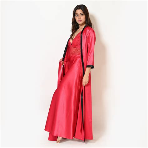 Women Red Satin V Neck Lacy Bridal Nighty Gown Set Suman Nathwani